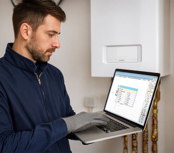 Tecnico che compila la dichiarazione di conformità caldaie su impianto termico tramite software digitale, secondo DM 37/08 e in alternativa alla dichiarazione di rispondenza