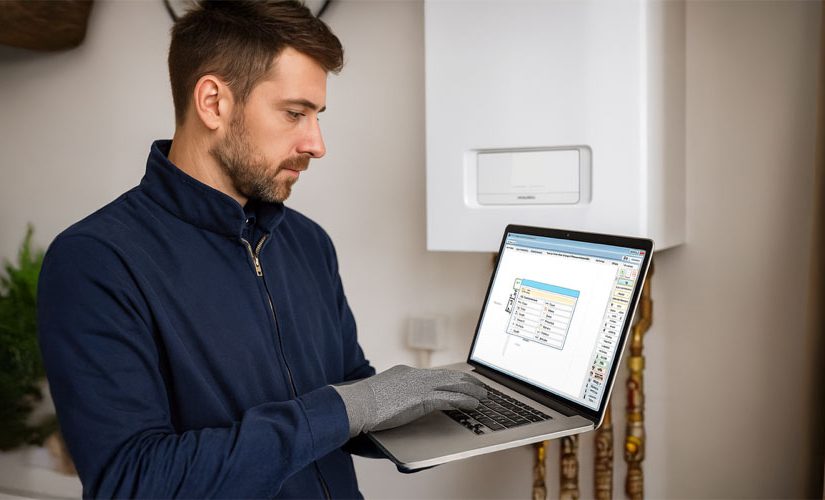 Tecnico che compila la dichiarazione di conformità caldaie su impianto termico tramite software digitale, secondo DM 37/08 e in alternativa alla dichiarazione di rispondenza