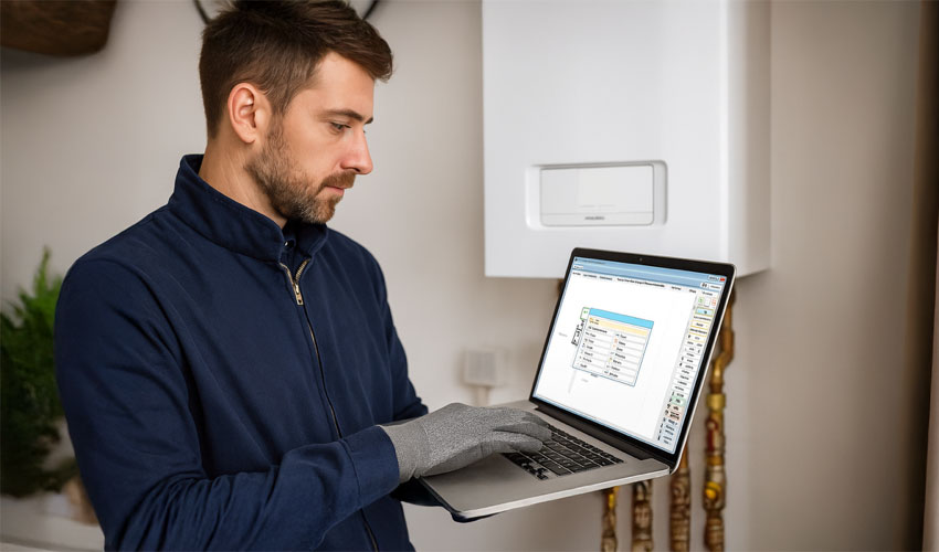 Tecnico che compila la dichiarazione di conformità caldaie su impianto termico tramite software digitale, secondo DM 37/08 e in alternativa alla dichiarazione di rispondenza