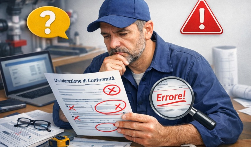 Idraulico pensieroso con dichiarazione conformità errata con annotazioni in rosso