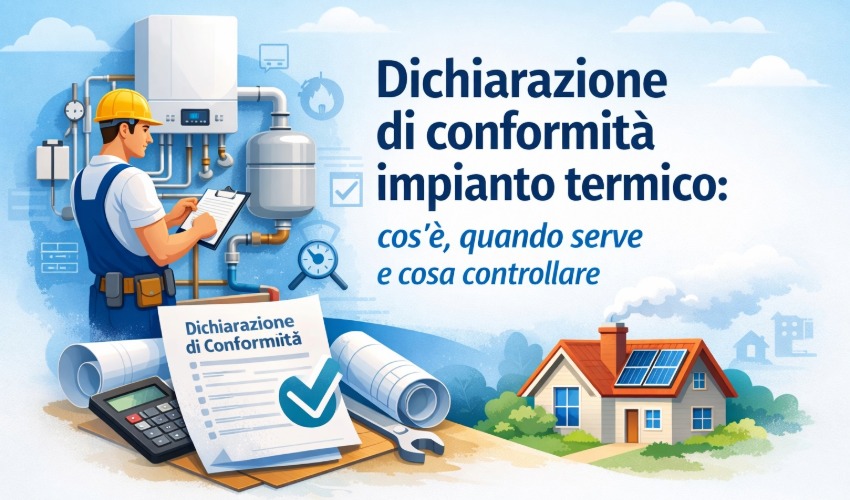 Tecnico che controlla un impianto di riscaldamento con documento di dichiarazione di conformità impianto termico