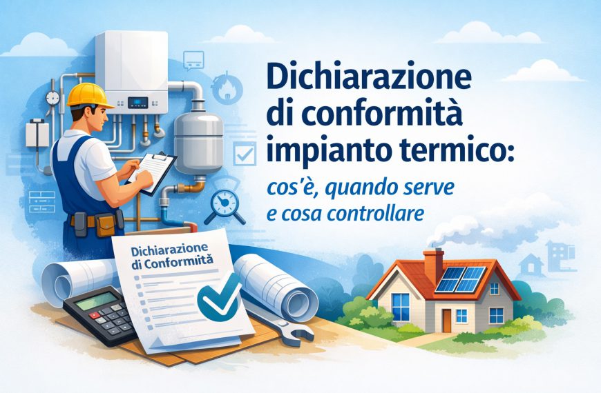 Tecnico che controlla un impianto di riscaldamento con documento di dichiarazione di conformità impianto termico