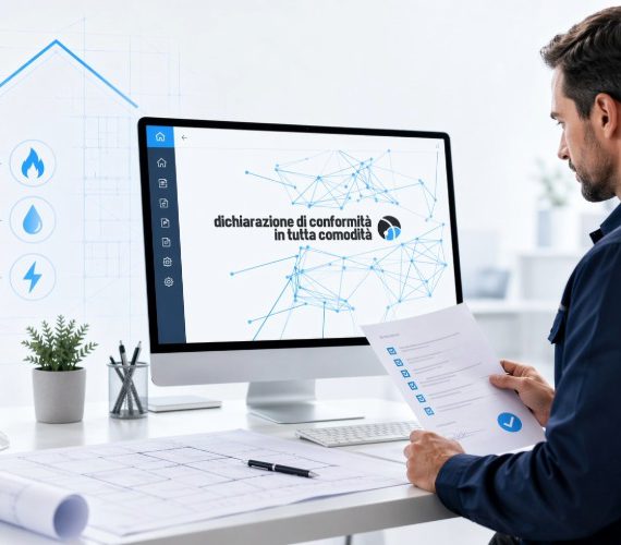 Tecnico al computer mentre compila una dichiarazione di rispondenza con software gestionale e documentazione impiantistica digitale.