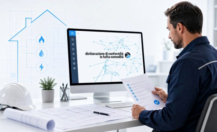 Tecnico al computer mentre compila una dichiarazione di rispondenza con software gestionale e documentazione impiantistica digitale.